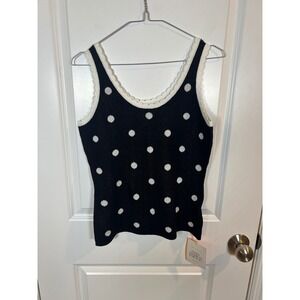 Tankaneo Womens Knit Tank Top Scalloped‎ Trim Polka Dot Black NWT